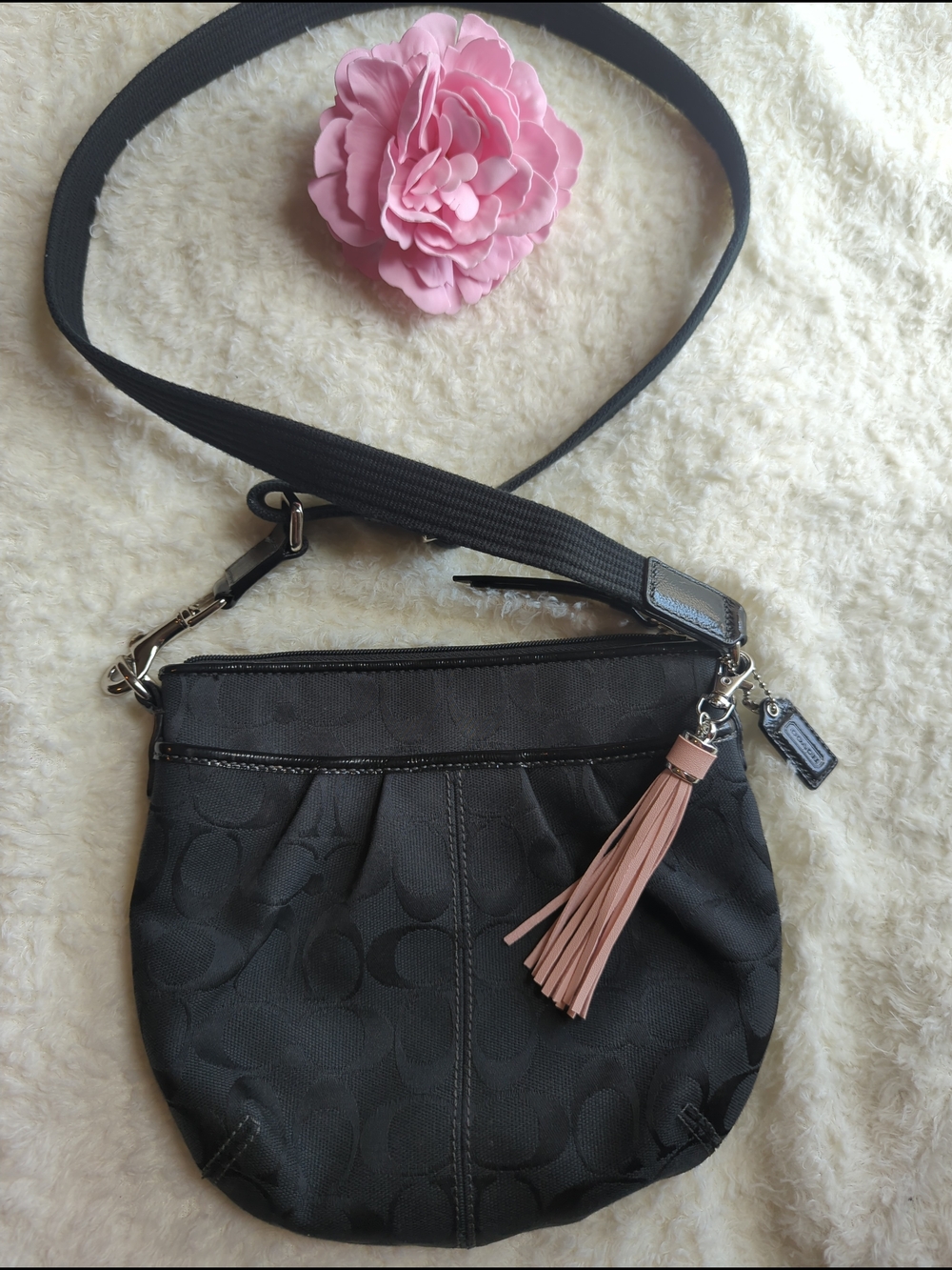 Coach Black Signature Canvas And Leather CC Hangtag Crossbody with Pink Tassel